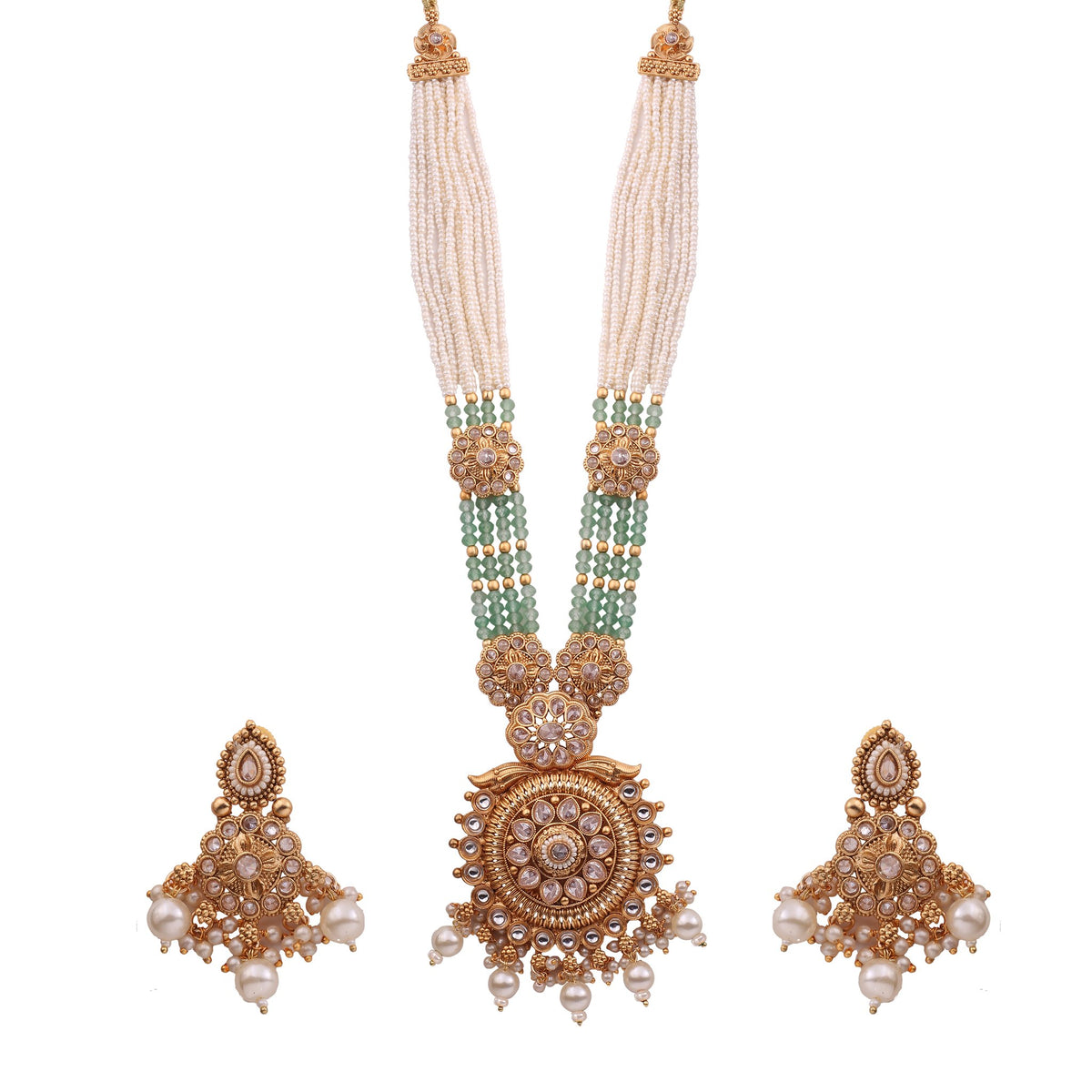 Pearl &amp; Mint Bead Long Necklace Set with Antique Gold Pendant