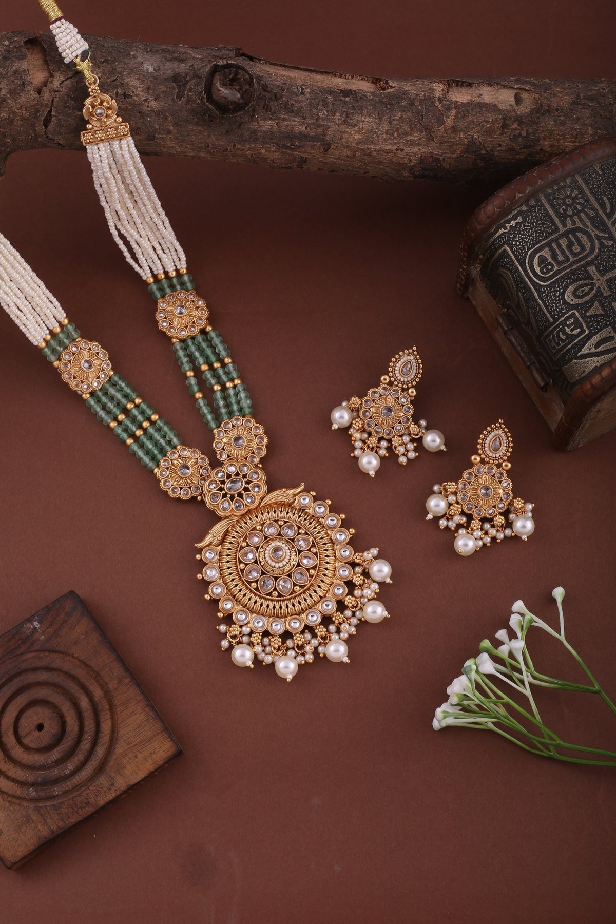 Pearl &amp; Mint Bead Long Necklace Set with Antique Gold Pendant, styled flat lay