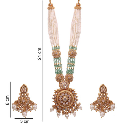 Pearl &amp; Mint Bead Long Necklace Set with Antique Gold Pendant, with dimensions