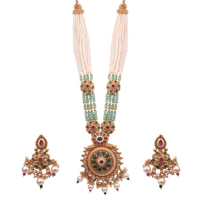 Antique Gold Temple Pendant Long Necklace Set with Pearl &amp; Mint Beads