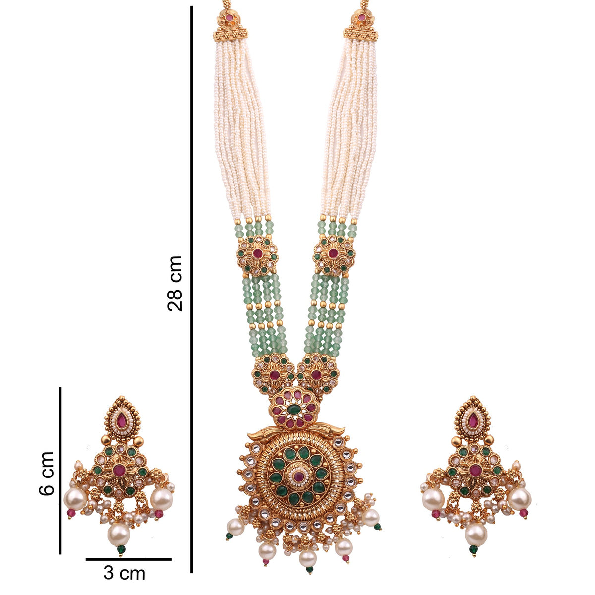 Antique Gold Temple Pendant Long Necklace Set with Pearl &amp; Mint Beads, with dimensions