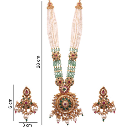 Antique Gold Temple Pendant Long Necklace Set with Pearl &amp; Mint Beads, with dimensions