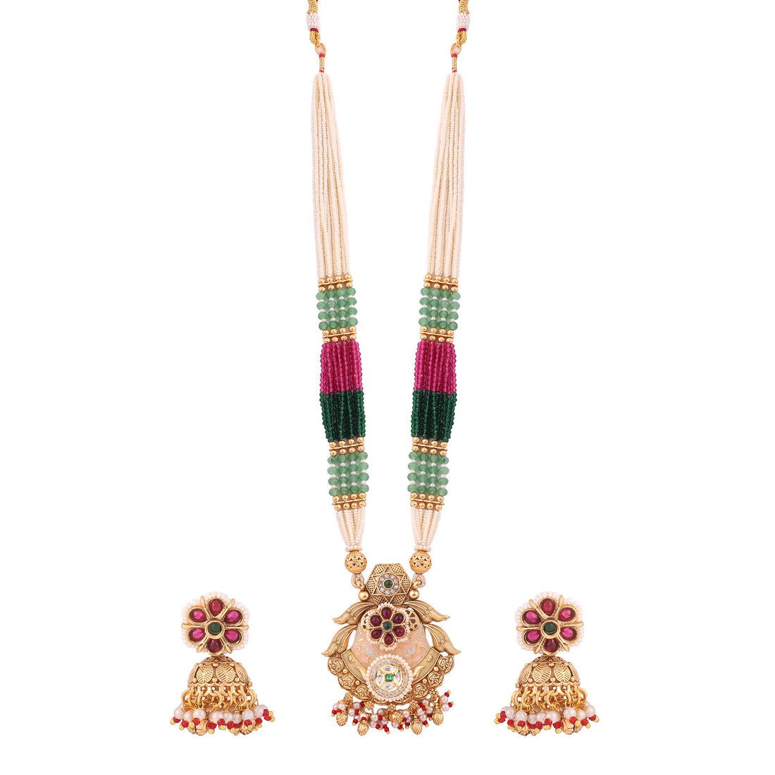 Multicolor Bead Pearl Long Necklace Set with Temple Pendant &amp; Jhumkas