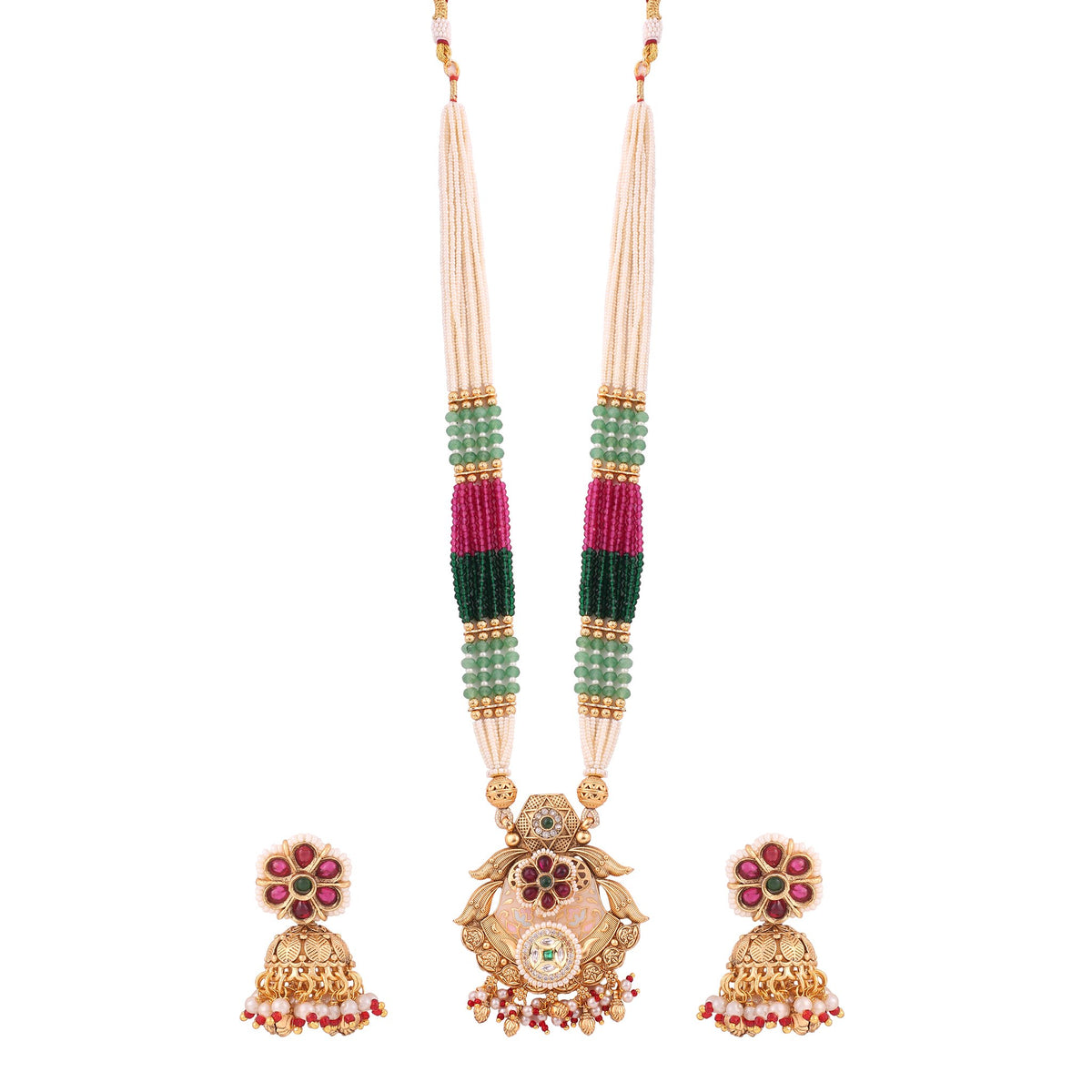 Multicolor Bead Pearl Long Necklace Set with Temple Pendant &amp; Jhumkas