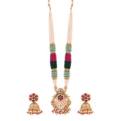 Multicolor Bead Pearl Long Necklace Set with Temple Pendant &amp; Jhumkas