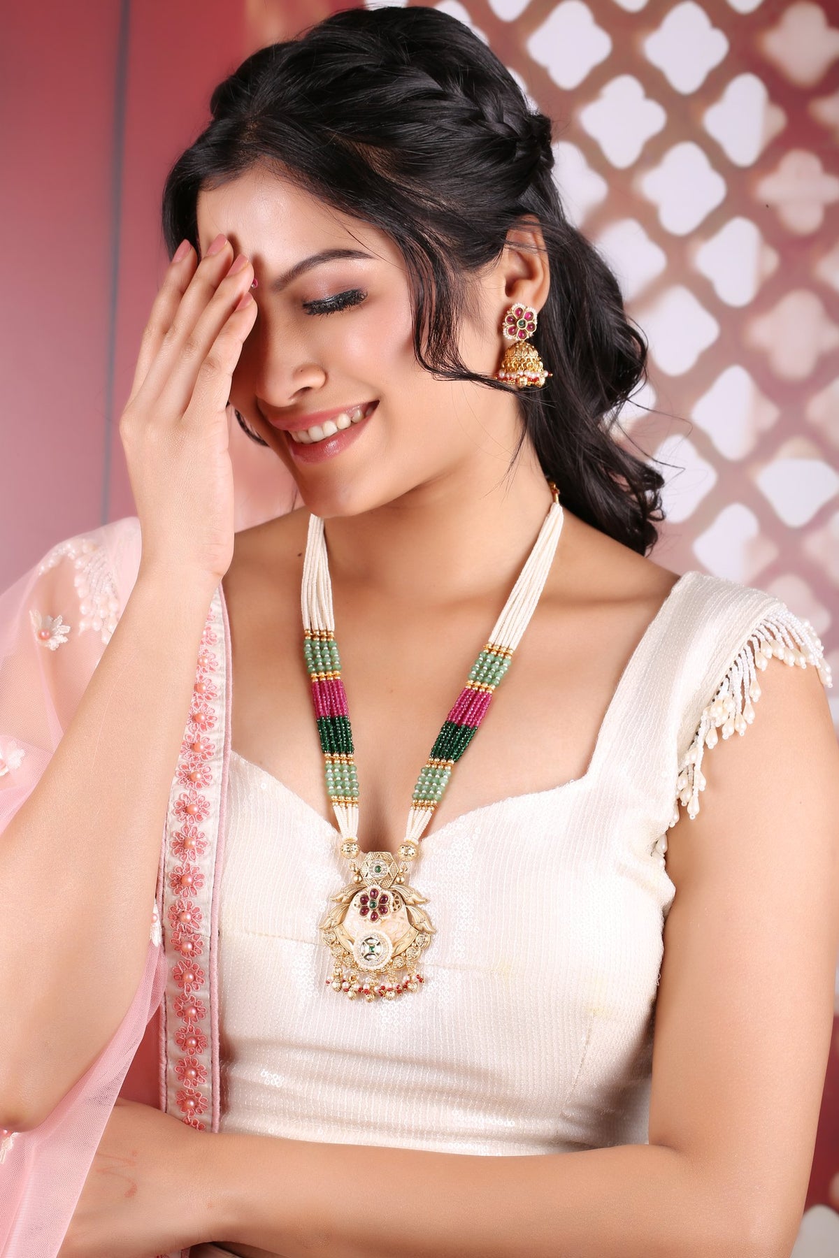 Multicolor Bead Pearl Long Necklace Set with Temple Pendant &amp; Jhumkas, worn by model
