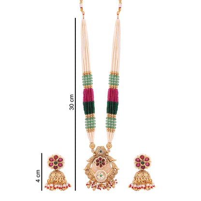 Multicolor Bead Pearl Long Necklace Set with Temple Pendant &amp; Jhumkas, with dimensions