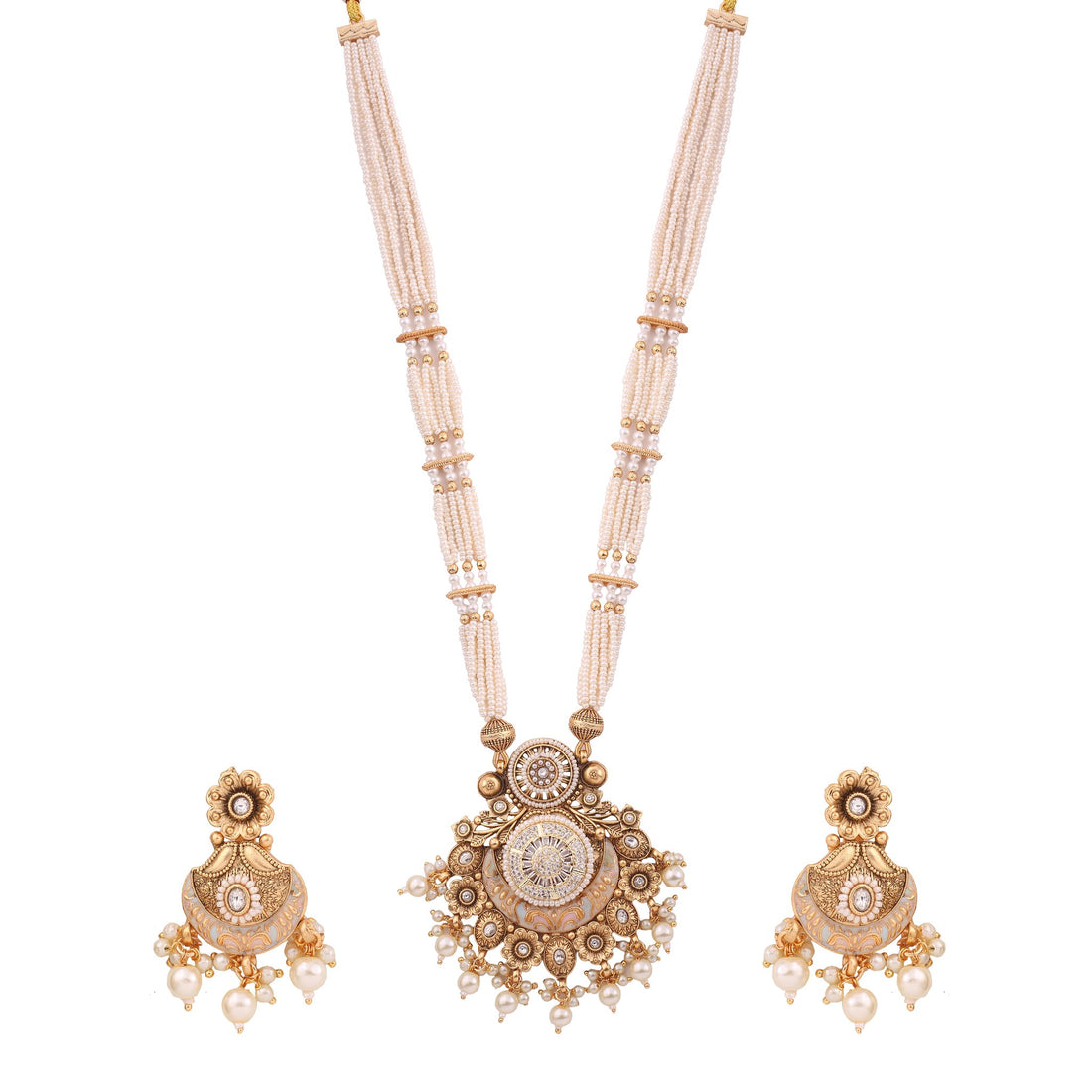 Antique Gold Pearl Strand Long Necklace Set with Pendant