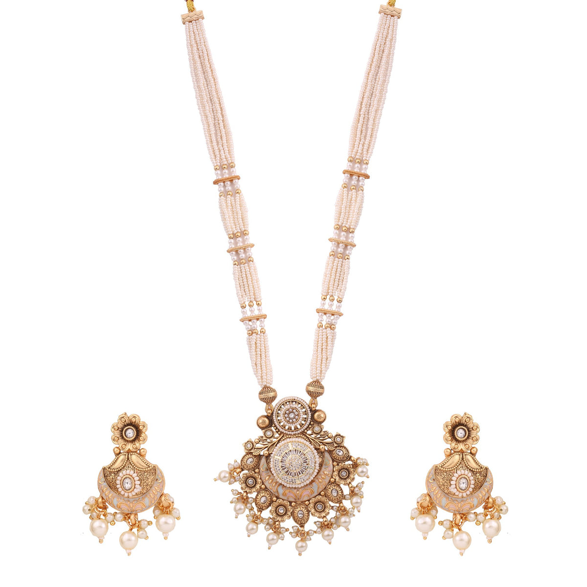 Antique Gold Pearl Strand Long Necklace Set with Pendant
