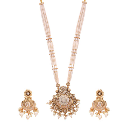 Antique Gold Pearl Strand Long Necklace Set with Pendant