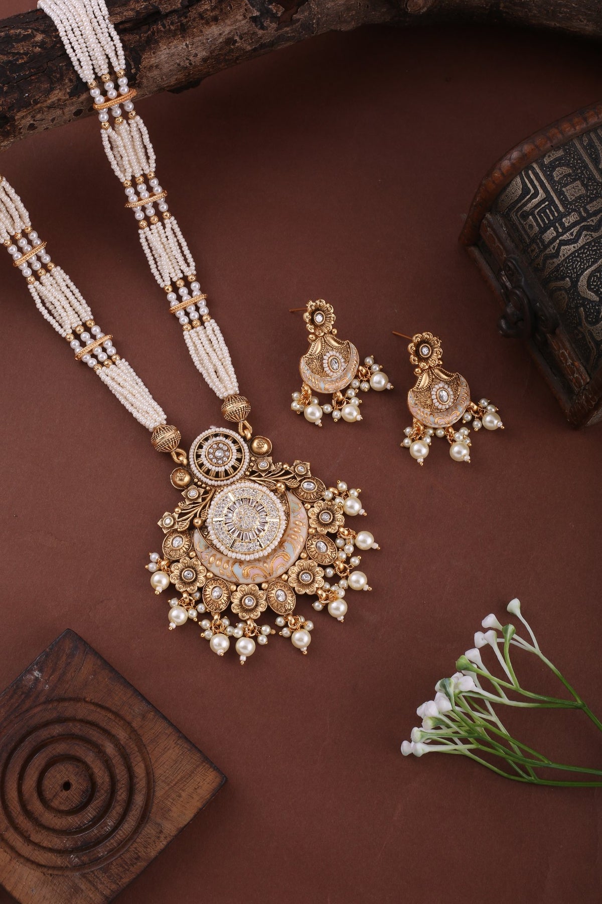 Antique Gold Pearl Strand Long Necklace Set with Pendant, styled flat lay