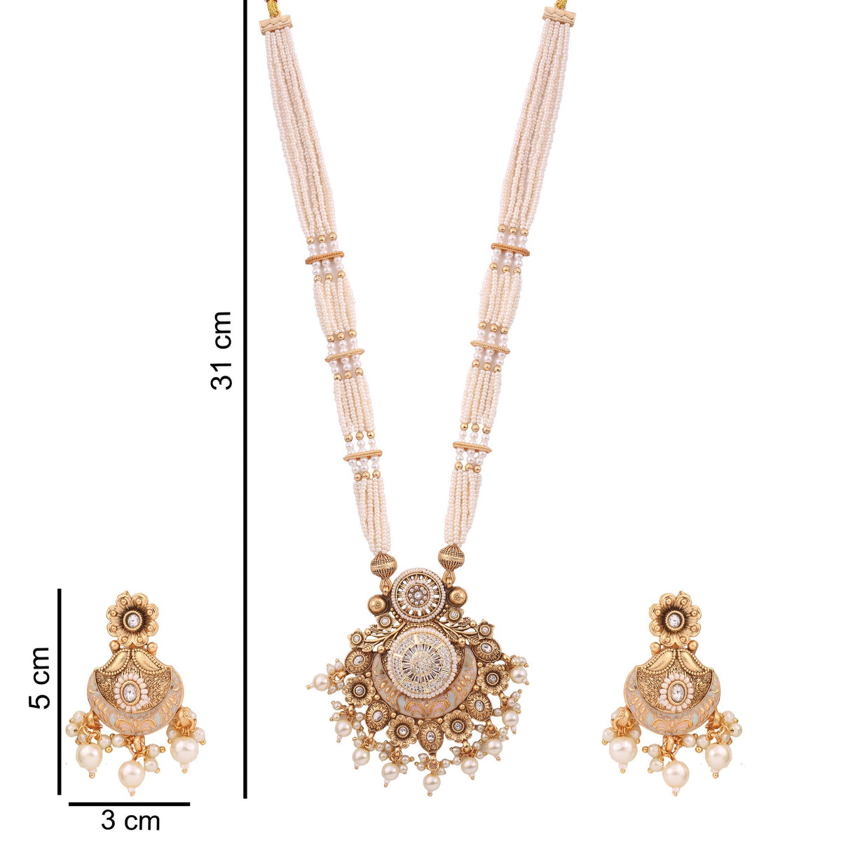 Antique Gold Pearl Strand Long Necklace Set with Pendant, with dimensions