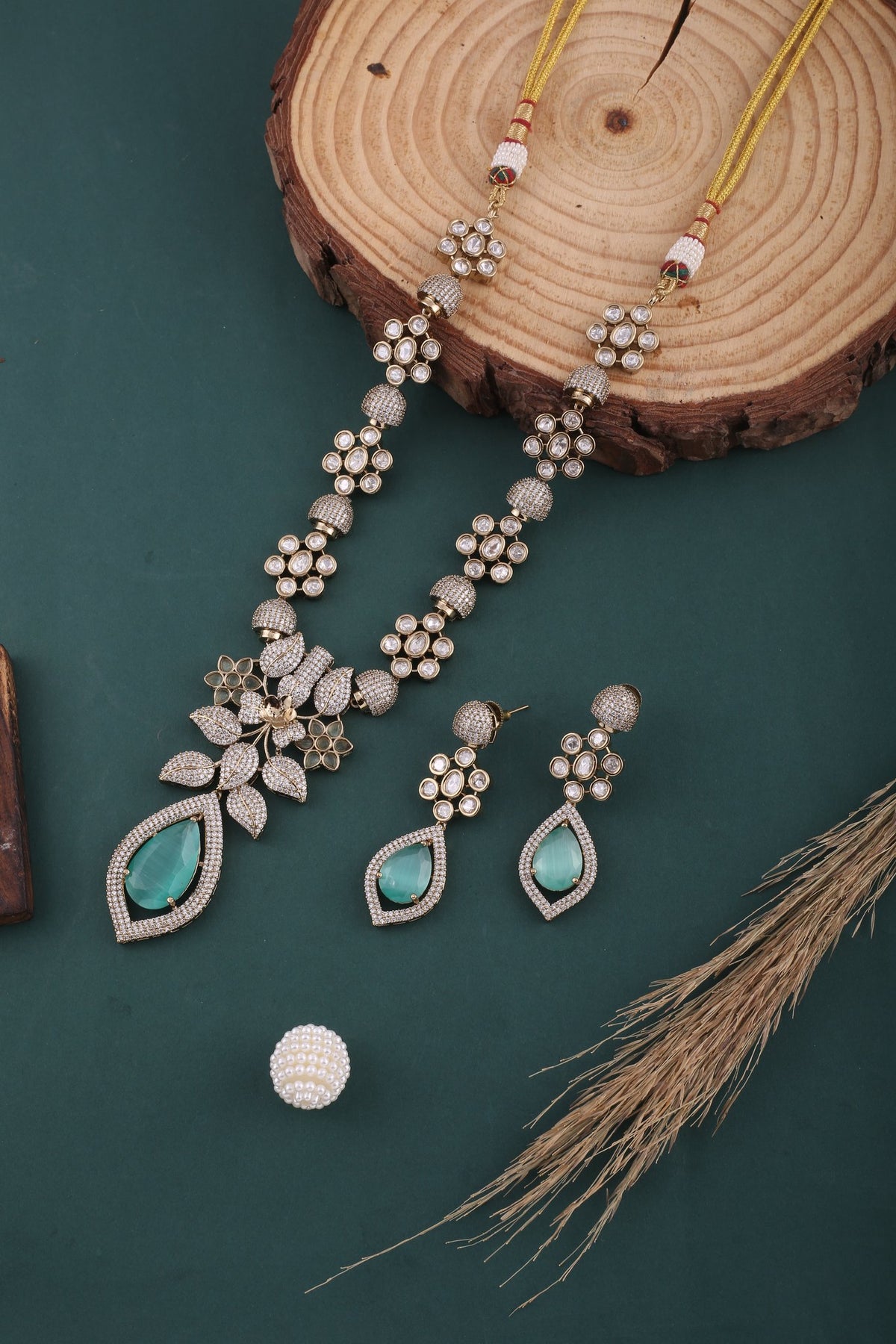 Mint Green Victorian American Diamond Floral Necklace Set, styled flat lay