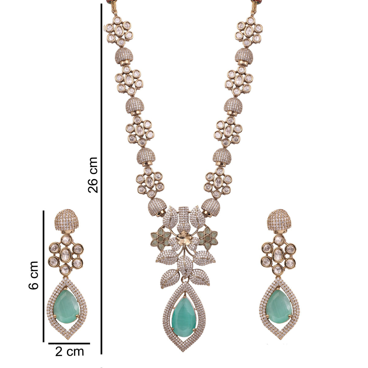 Mint Green Victorian American Diamond Floral Necklace Set, with dimensions