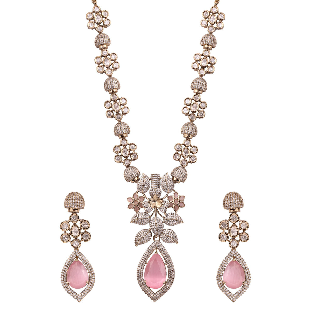 Pink Victorian American Diamond Floral Necklace Set