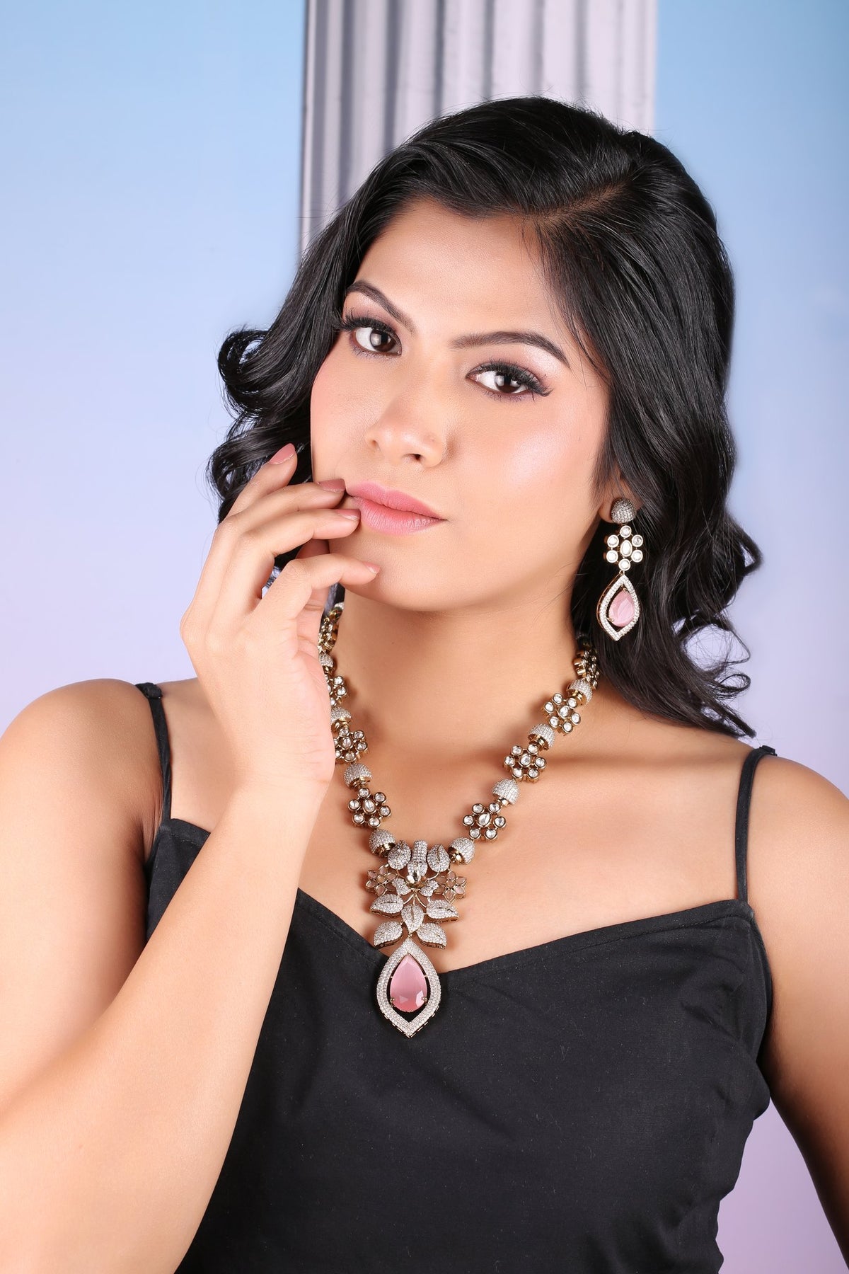 Pink Victorian American Diamond Floral Necklace Set, worn by model