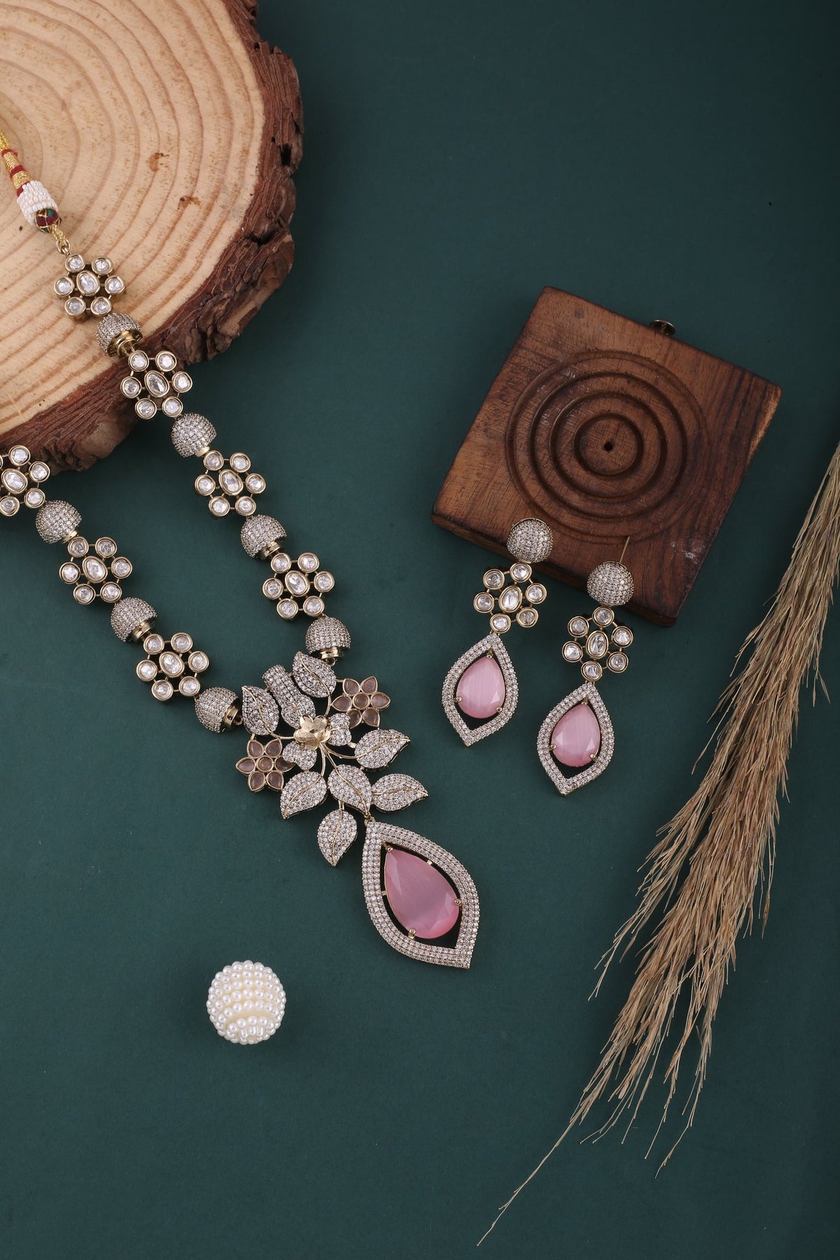 Pink Victorian American Diamond Floral Necklace Set, styled flat lay