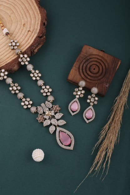 Pink Victorian American Diamond Floral Necklace Set, styled flat lay