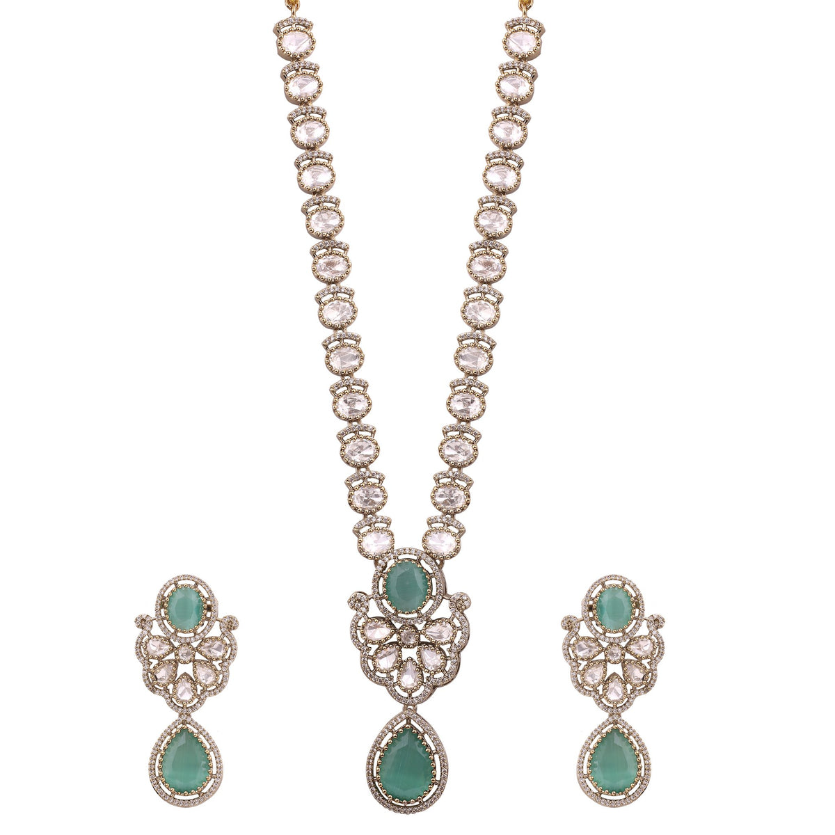 Mint Green Victorian Kundan American Diamond Long Necklace Set