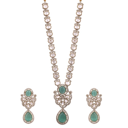 Mint Green Victorian Kundan American Diamond Long Necklace Set