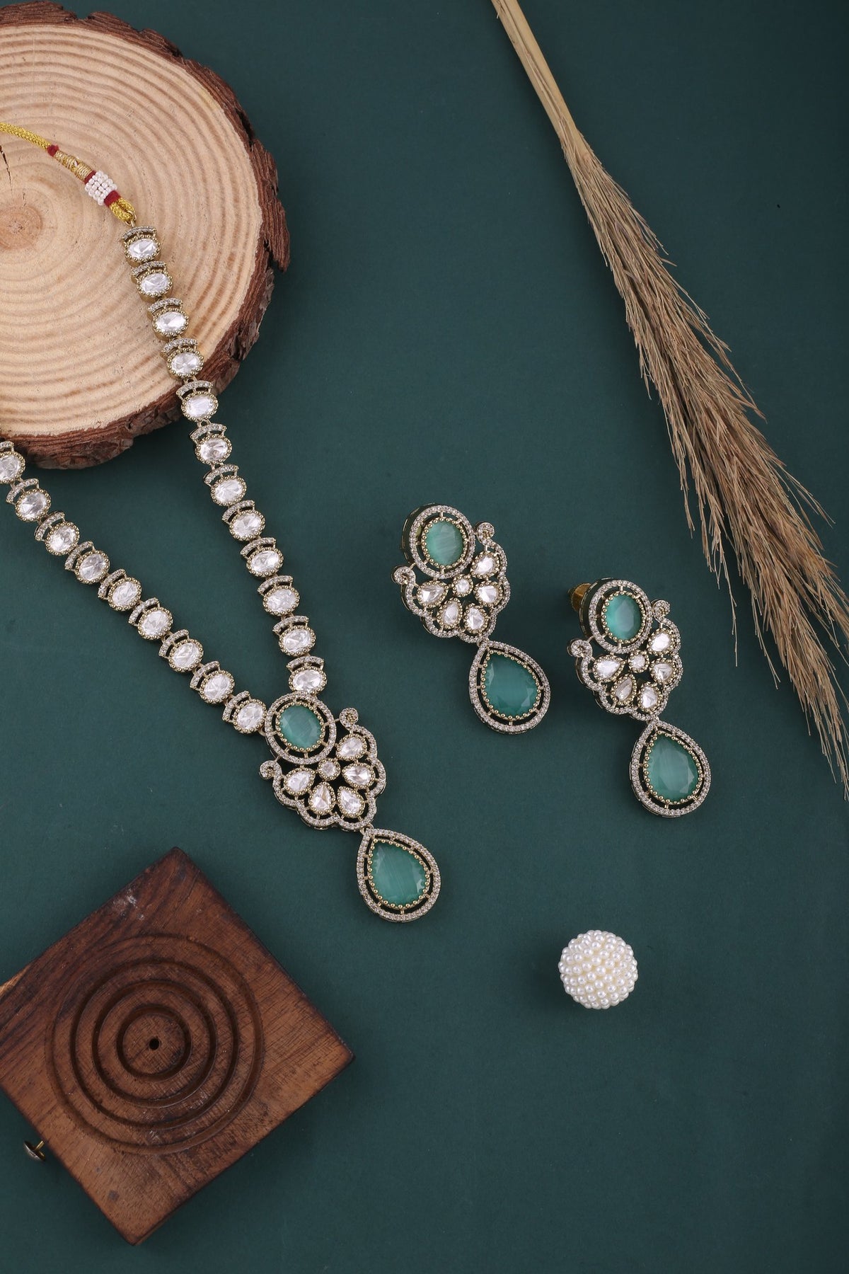 Mint Green Victorian Kundan American Diamond Long Necklace Set, styled flat lay