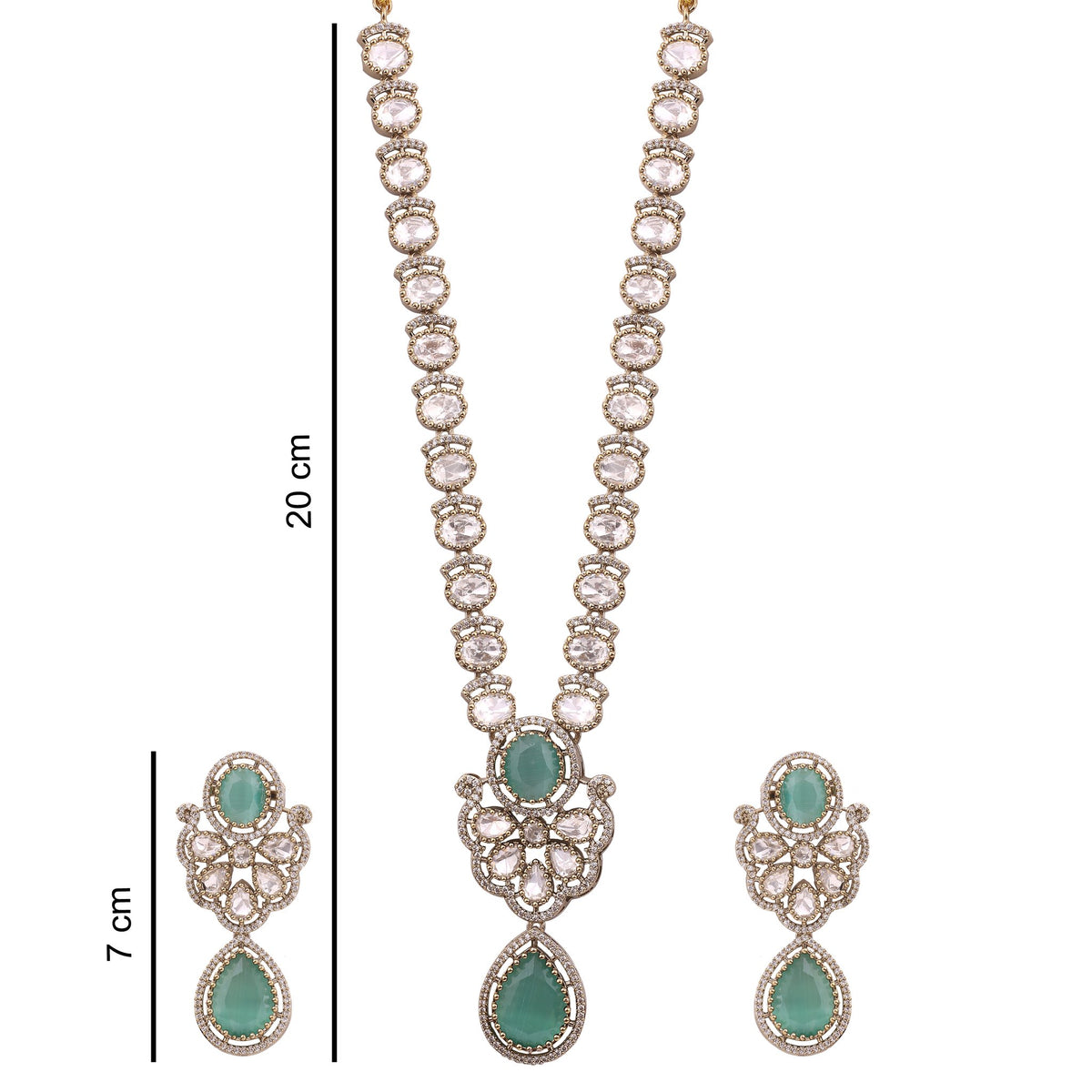 Mint Green Victorian Kundan American Diamond Long Necklace Set, with dimensions