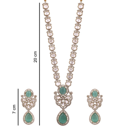 Mint Green Victorian Kundan American Diamond Long Necklace Set, with dimensions