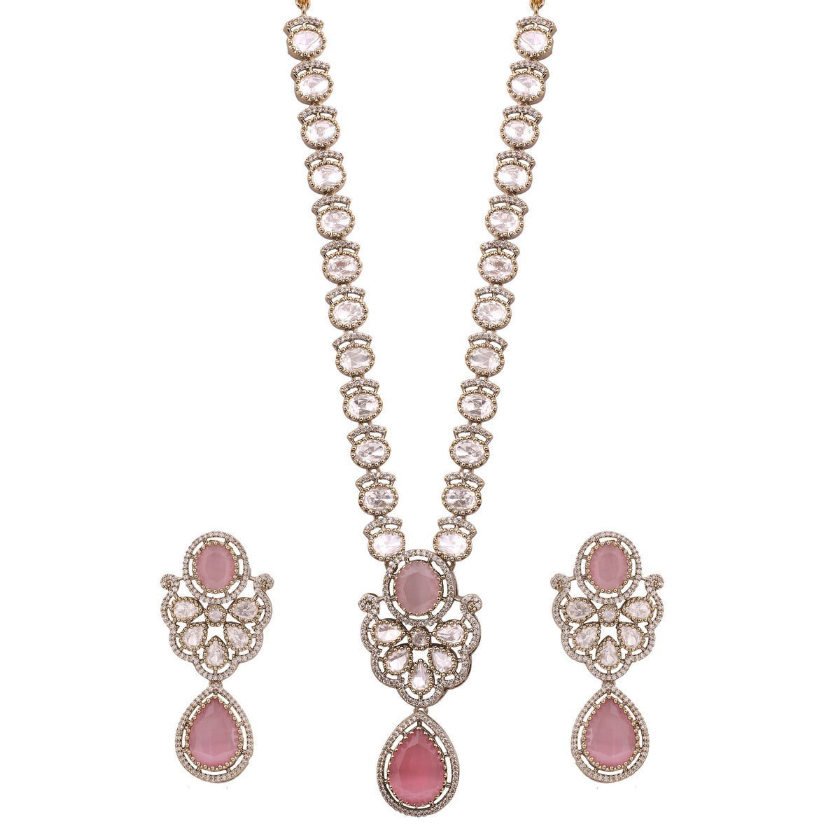 Pink Victorian Kundan American Diamond Long Necklace Set