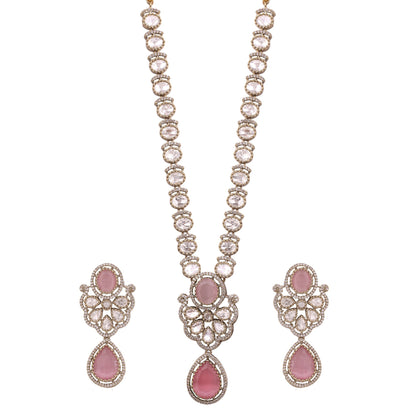 Pink Victorian Kundan American Diamond Long Necklace Set