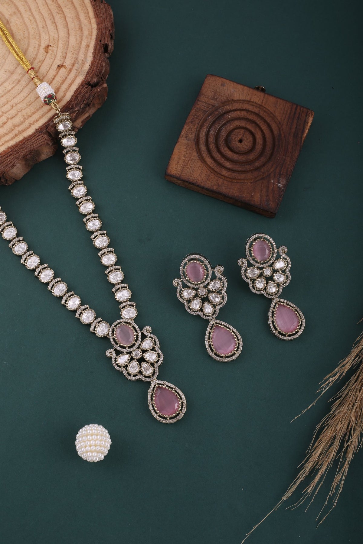 Pink Victorian Kundan American Diamond Long Necklace Set, styled flat lay