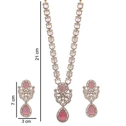 Pink Victorian Kundan American Diamond Long Necklace Set, with dimensions