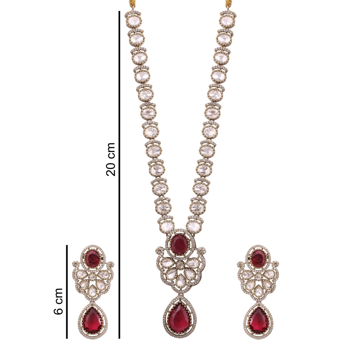 Ruby Red Victorian Kundan American Diamond Long Necklace Set, with dimensions