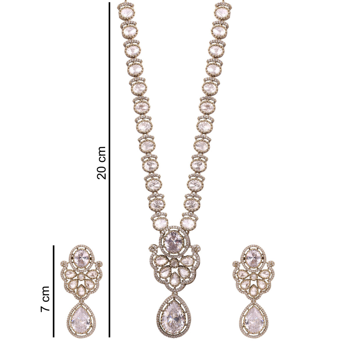 Ivory Victorian Kundan American Diamond Long Necklace Set, with dimensions