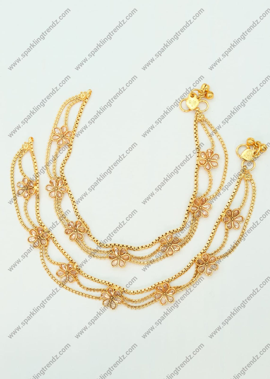 Triple Layered Chain Kundan Anklet Set Champagne Anklets