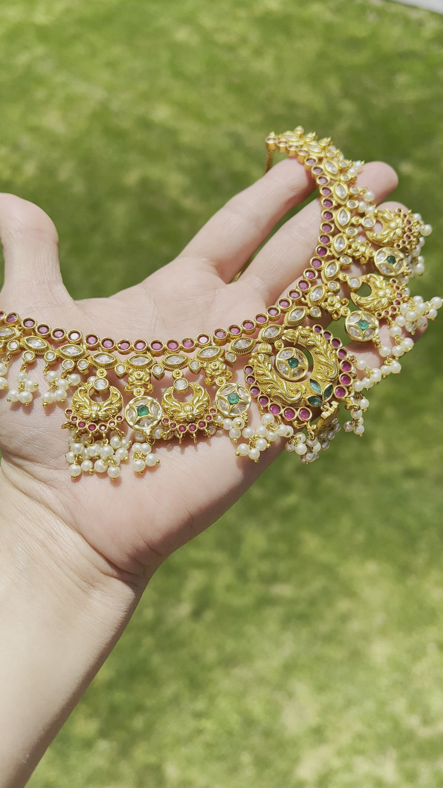 Kemp Multi Stone Chandran Pearl Hanging Nacklace Set With Chandbali