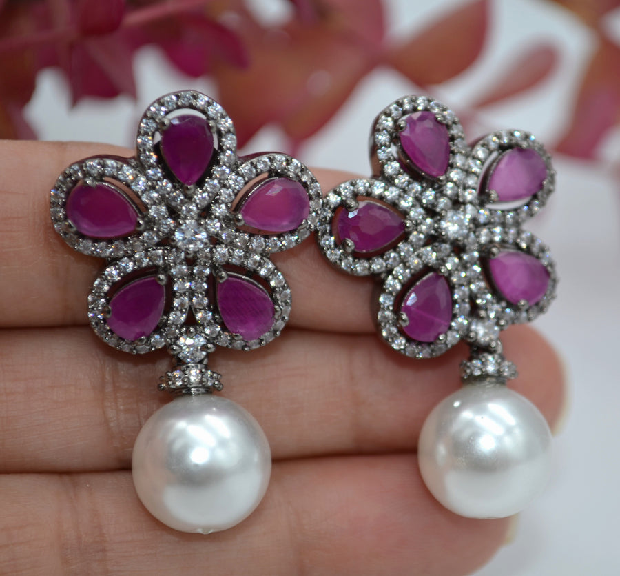 Monalisa Baroque Cz Studs - Victorian Finish Ruby Earrings