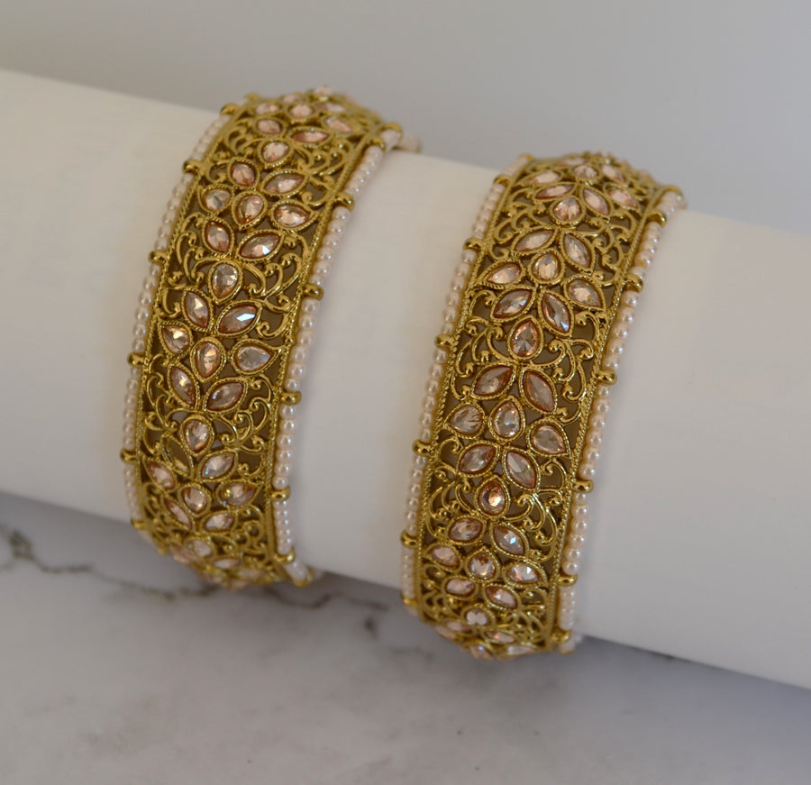Reverse Polki Bangles With Beaded Pearl - Set Of 2 Bracelets