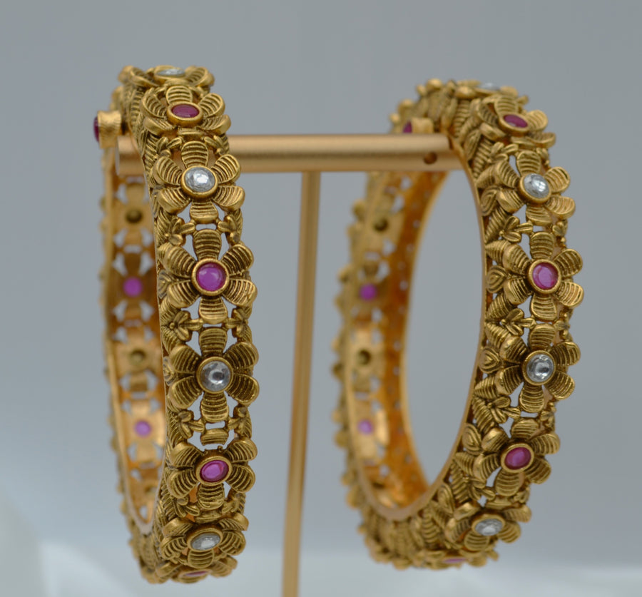 Aamna Traditional Openable Kada Flower Pattern - Single Or Pair Bangles
