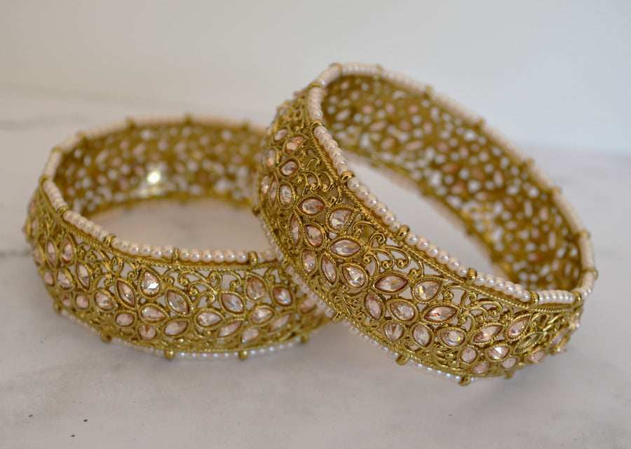 Reverse Polki Bangles With Beaded Pearl - Set Of 2 Bracelets