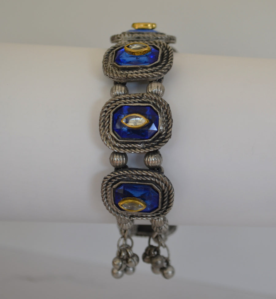 German Silver - Glass Stone Cuff Kada With Kundan Indigo Blue Bracelets