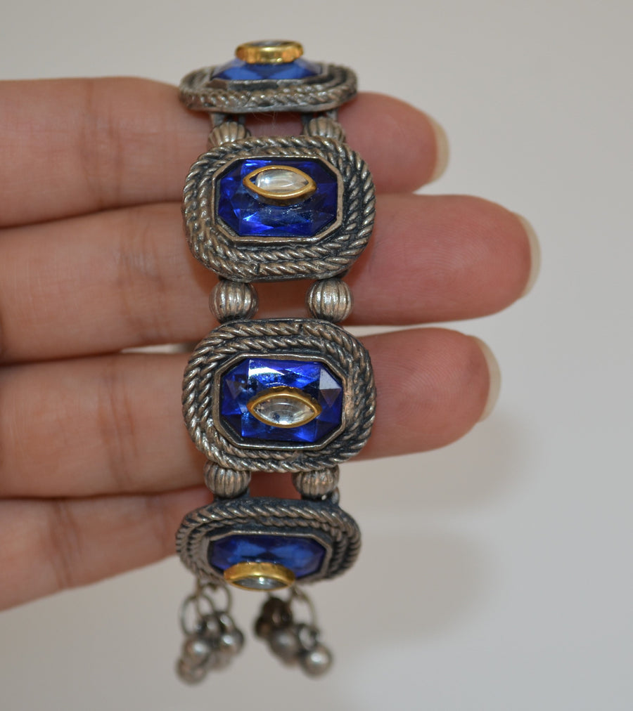 German Silver - Glass Stone Cuff Kada With Kundan Indigo Blue Bracelets