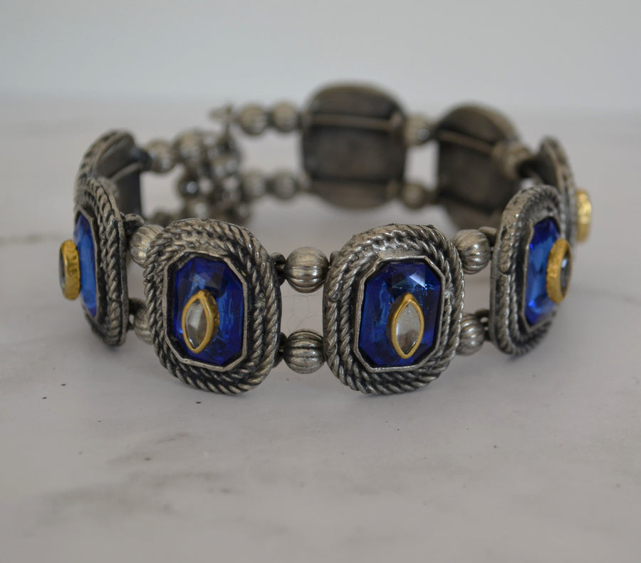 German Silver - Glass Stone Cuff Kada With Kundan Indigo Blue Bracelets