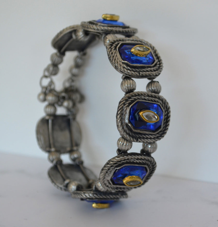 German Silver - Glass Stone Cuff Kada With Kundan Indigo Blue Bracelets