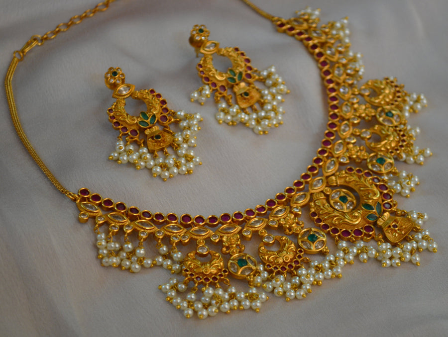 Kemp Multi Stone Chandran Pearl Hanging Nacklace Set With Chandbali Necklaces