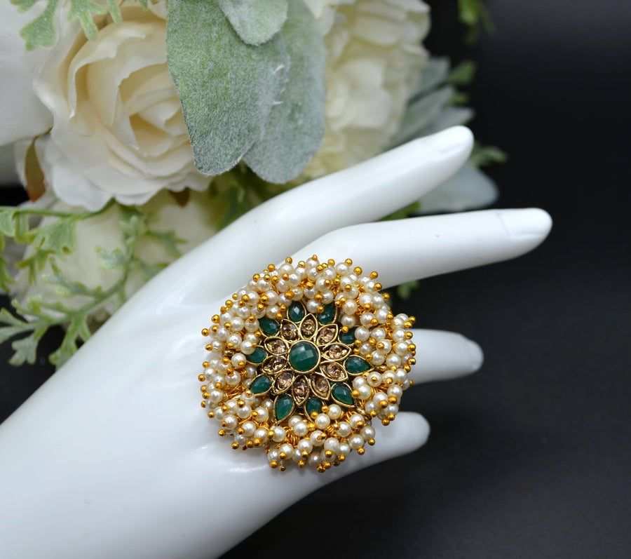 Oversized Polki Kundan Adjustable Ring Green - Style 2 Rings