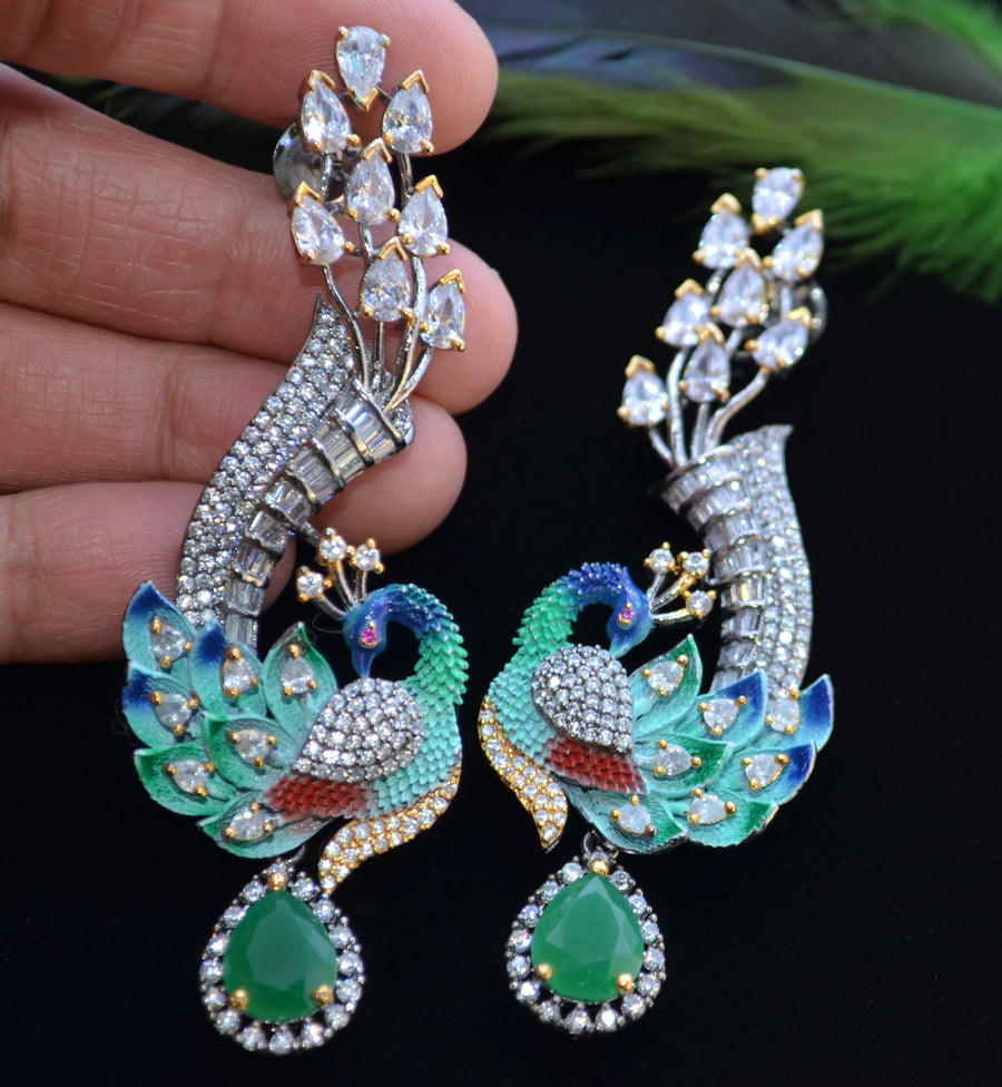 Cz Meenakari Peacock-Shaped Earrings. Earrings