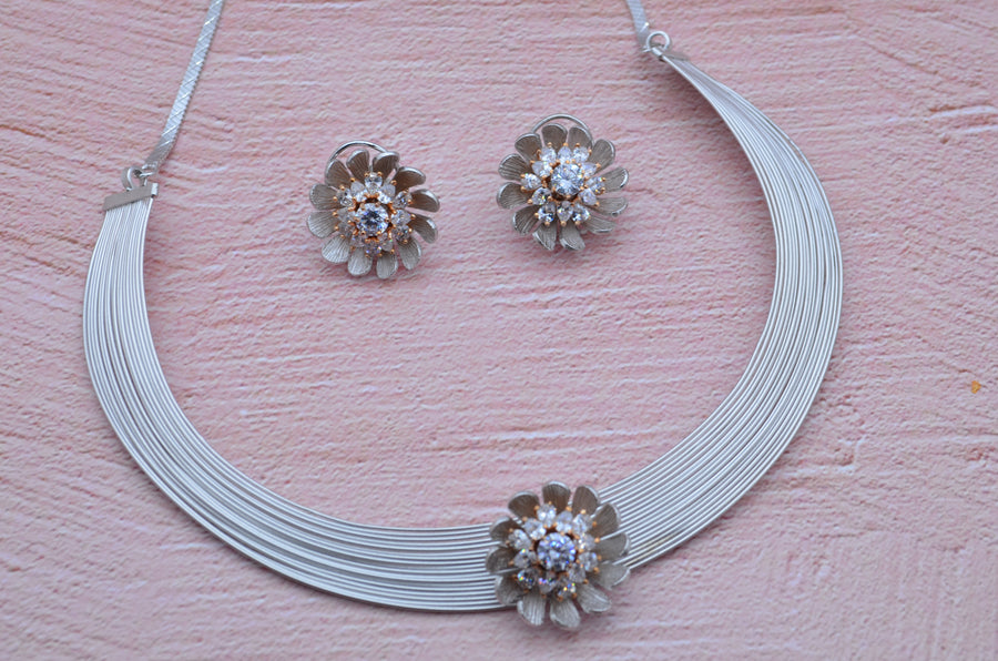 Emma 3D Flower Cz Stone Necklace Set Silver Necklaces