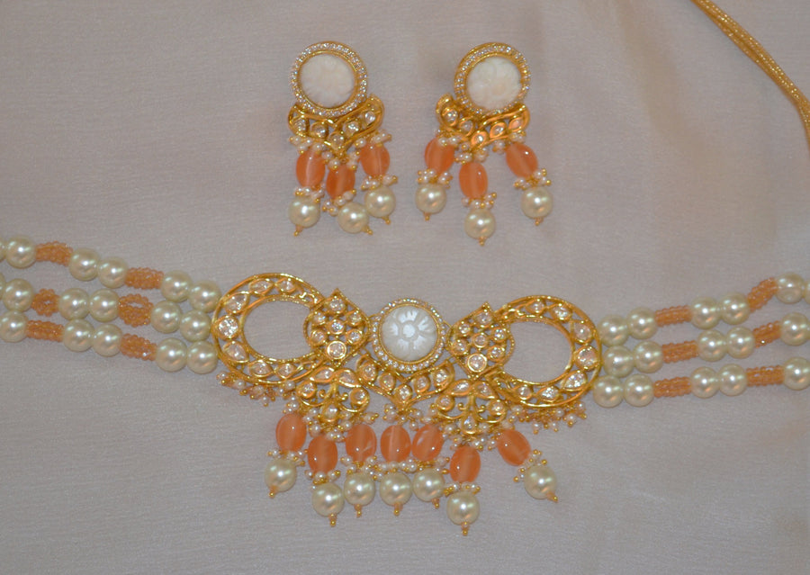 Amrapali Inspired Carved Stones Pearl Choker Set Peach Necklaces