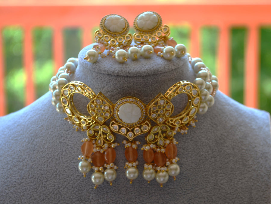 Amrapali Inspired Carved Stones Pearl Choker Set Necklaces