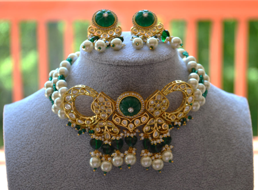 Amrapali Inspired Carved Stones Pearl Choker Set Necklaces